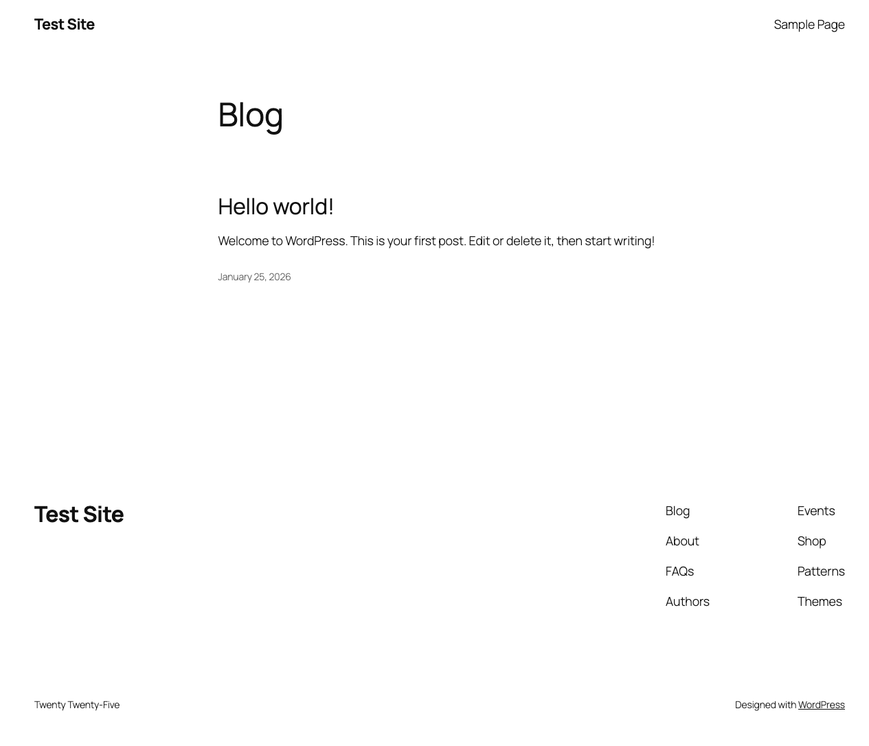 Working WordPress site with Hello World post